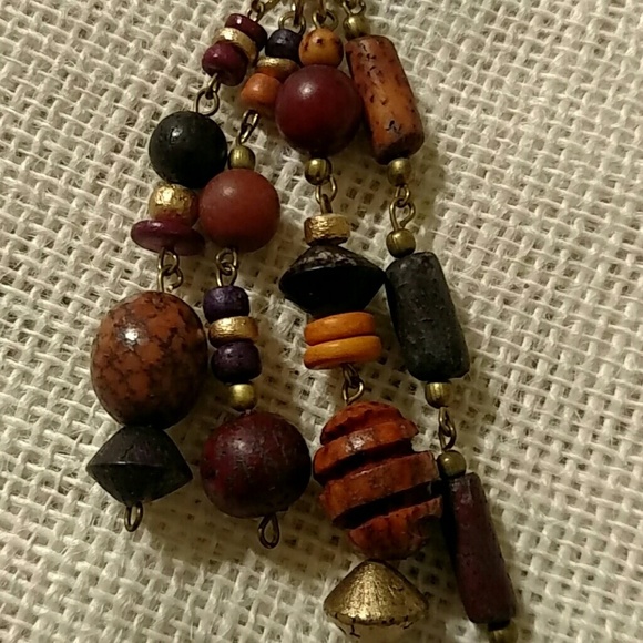Bohemian Wood Beaded Dangle Post Earrings In Black Brown And Gold OS - Picture 3 of 3